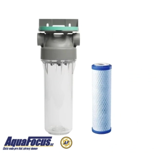 Průsvitné filtrační pouzdro s odvzdušňovacím ventilem ECO 1“ - 10“/2,5" a vložkou s aktivním uhlím