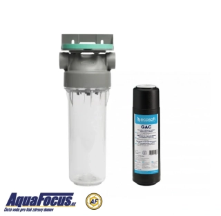 Průsvitné filtrační pouzdro s odvzdušňovacím ventilem ECO 1“ - 10“/2,5" a vložkou se sypaným aktivním uhlím